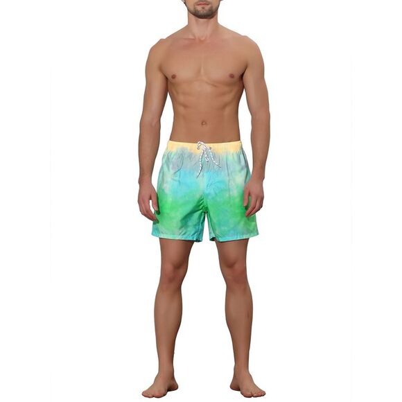Men's Tie Dye Printed Elastic Waistband Vacation Swim Trunks Green - Picture 2 of 5